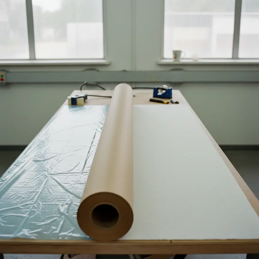 Abdeckpapier für Lackierer: Ratgeber für Profi-Ergebnisse - Photo Abdeckpapier für Lackierer und andere Abdeckmaterialien auf Werkbank ausgebreitet
