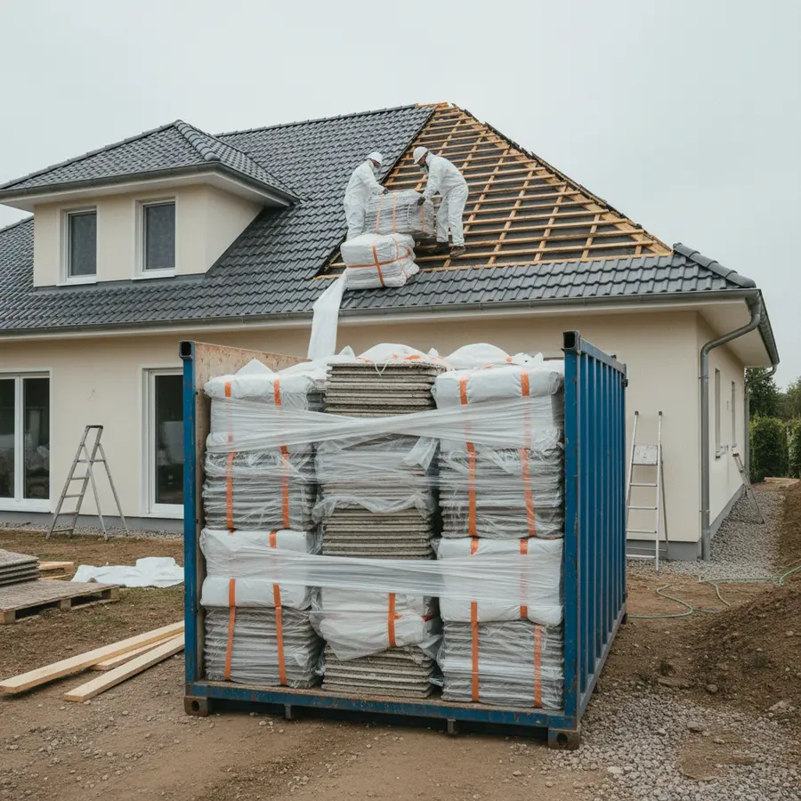 Asbestdach sanieren: Kosten, Vorschriften & Ablauf (Ratgeber) - Photo Asbestdach sanieren: Container mit verpackten Asbestplatten an Familienhaus auf Baustelle