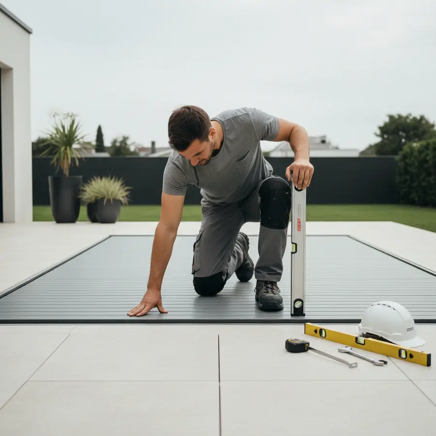 Begehbare Poolabdeckung als Terrasse: Top-Systeme & Kosten - Photo Begehbare Poolabdeckung als Terrasse wird im Garten auf Stabilität geprüft
