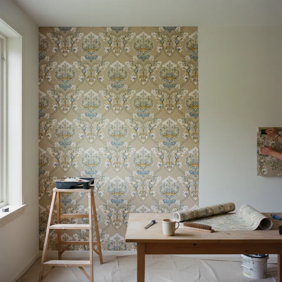 Biedermeier Tapete: Merkmale, Geschichte & Einrichtungs-Tipps - Photo Biedermeier Tapete an halb tapezierter Wand im Tageslichteton