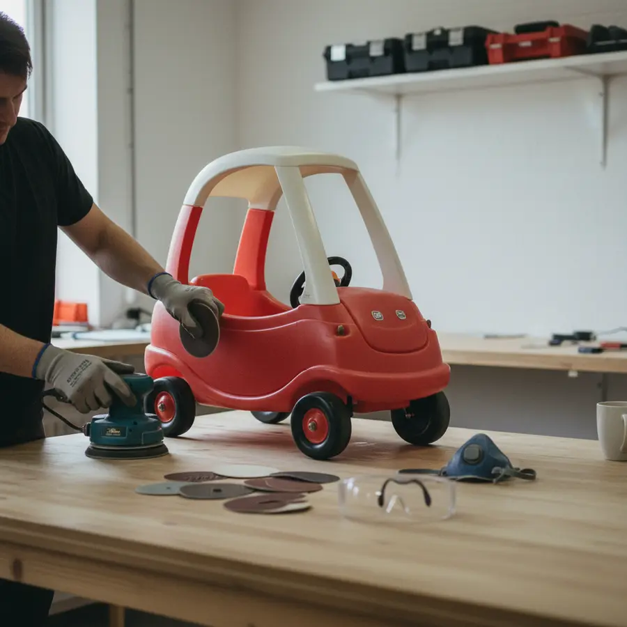 Bobby Car lackieren: Die ultimative DIY-Anleitung & Tipps - Photo Bobby Car lackieren: Hand schleift rote Karosserie auf Arbeitstisch mit Schleifpads