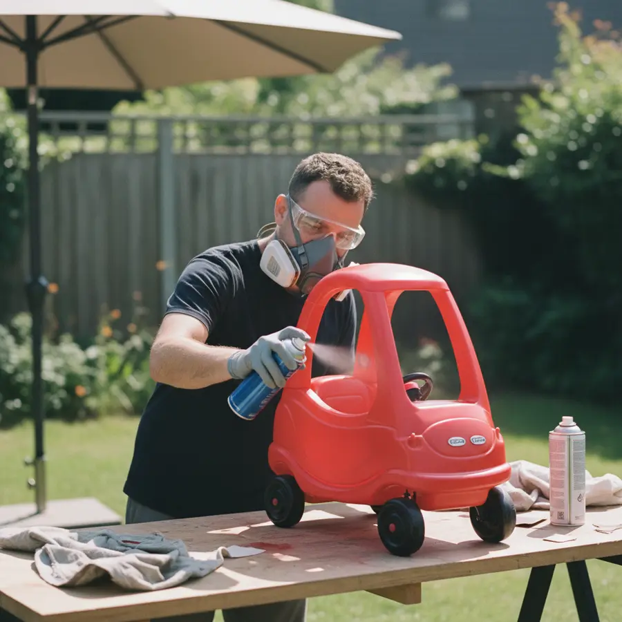 Bobby Car lackieren: Die ultimative DIY-Anleitung & Tipps - Photo Bobby Car lackieren: Person mit Maske sprüht Lack im Freien