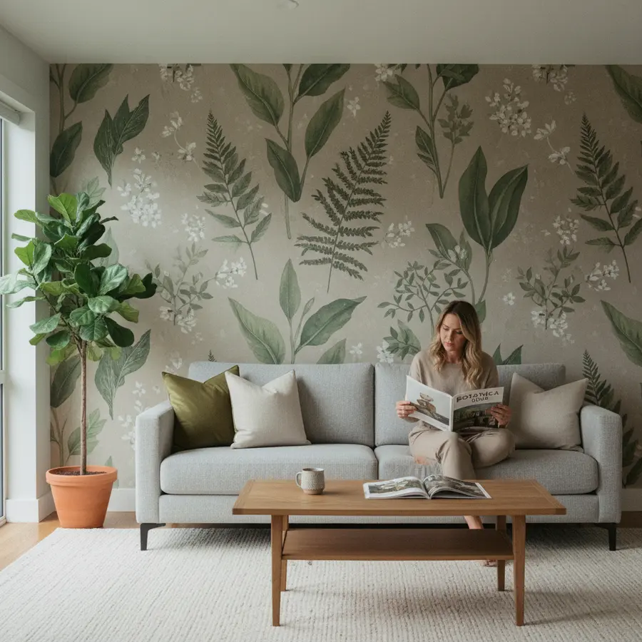 Botanica Tapeten Guide: Trends, Stile & Einrichtungstipps - Photo Botanica Tapeten Guide: Modernes Wohnzimmer mit botanischer Akzenttapete, Tageslicht