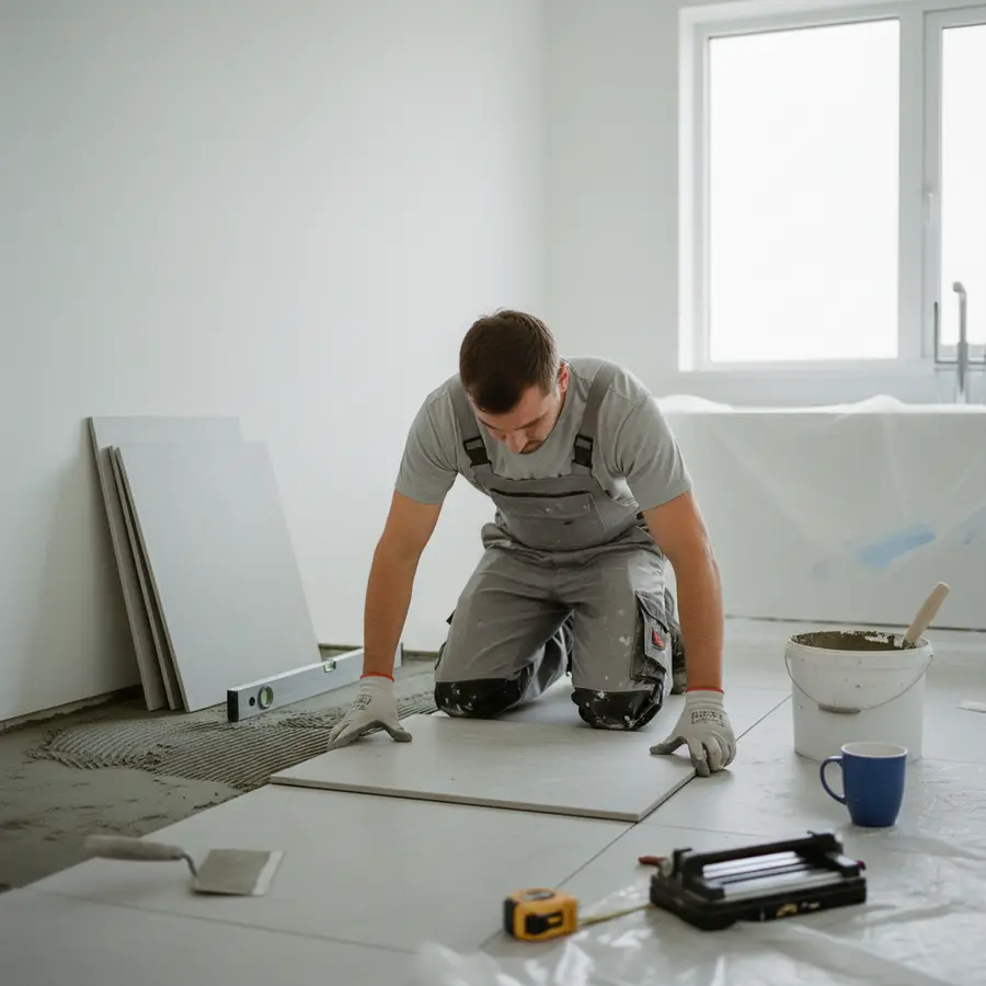 Echte Bad renovieren kosten: Was ich bei meiner Planung unterschätzt habe - Photo Echte Bad renovieren kosten: Handwerker verlegt Fliesen im hellen Badezimmer