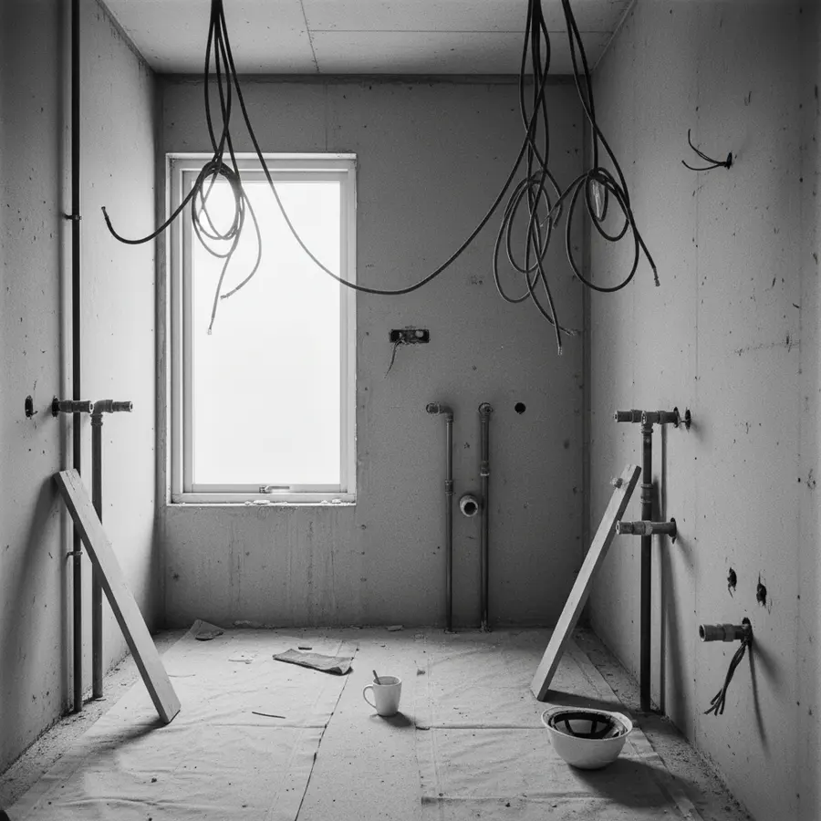 Echte Bad renovieren kosten: Was ich bei meiner Planung unterschätzt habe - Photo Echte Bad renovieren kosten im Rohbau mit offenen Rohren und Kabeln