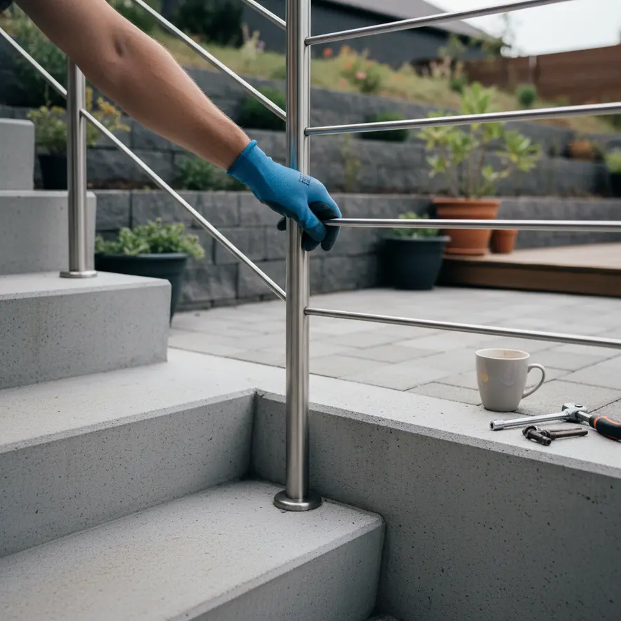 Edelstahlgeländer Terrasse: Ratgeber zu Planung, Kosten & Montage - Photo Edelstahlgeländer Terrasse: Hand prüft Befestigung an Betontreppe im Freien