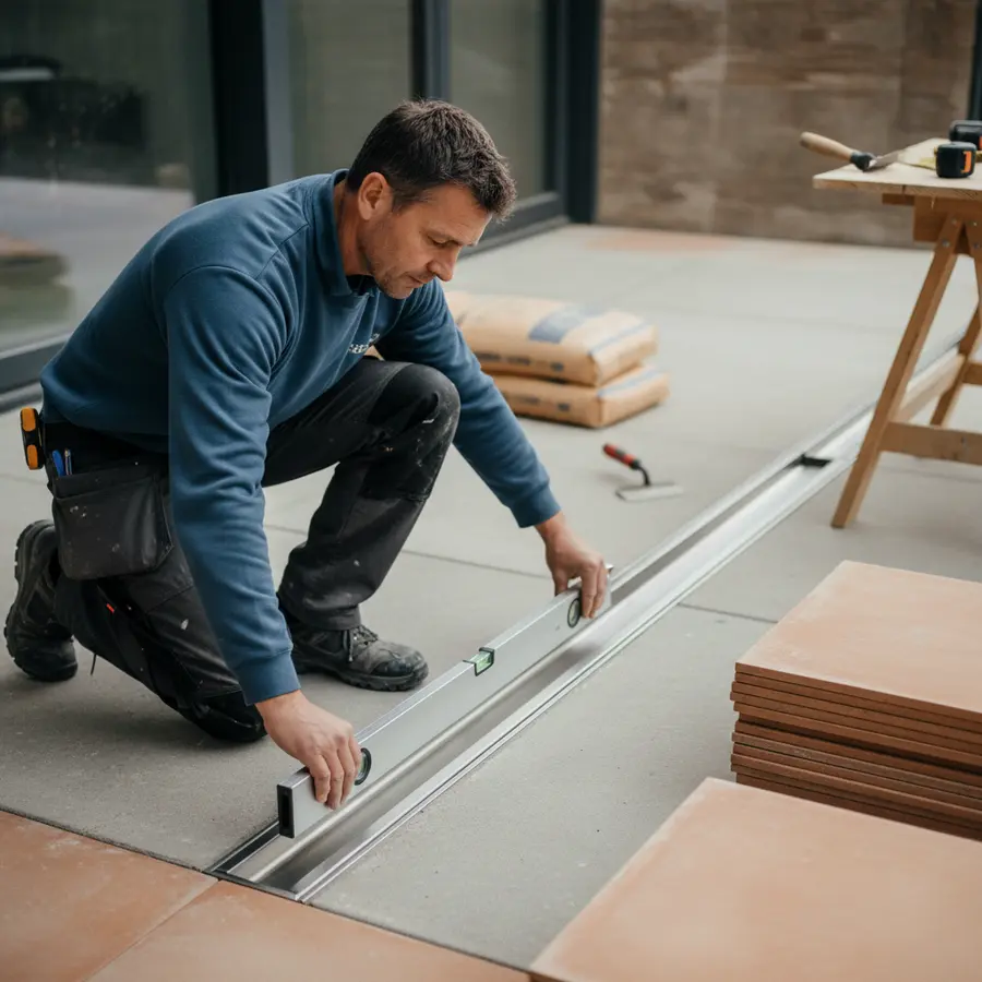 Edelstahlrinne Terrasse: Ratgeber zu Planung, Auswahl & Einbau - Photo Edelstahlrinne Terrasse: Handwerker prüft das Gefälle mit Wasserwaage