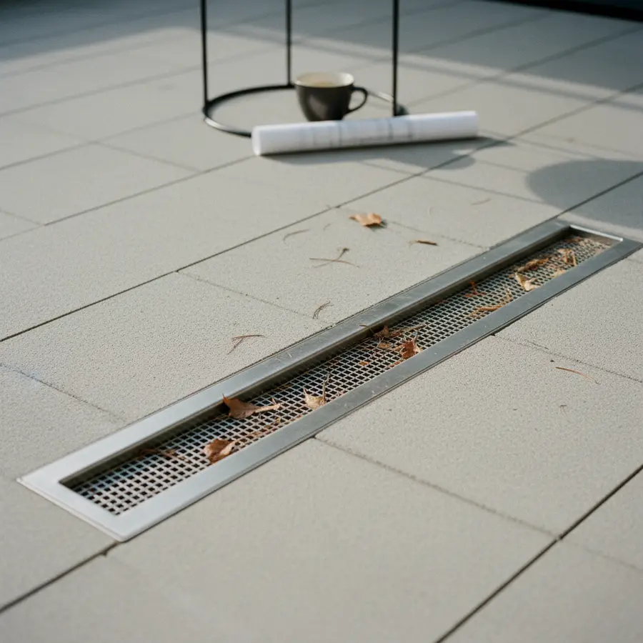 Edelstahlrinne Terrasse: Ratgeber zu Planung, Auswahl & Einbau - Photo Edelstahlrinne Terrasse mit Laubschutzgitter auf moderner Terrasse bei Tageslicht