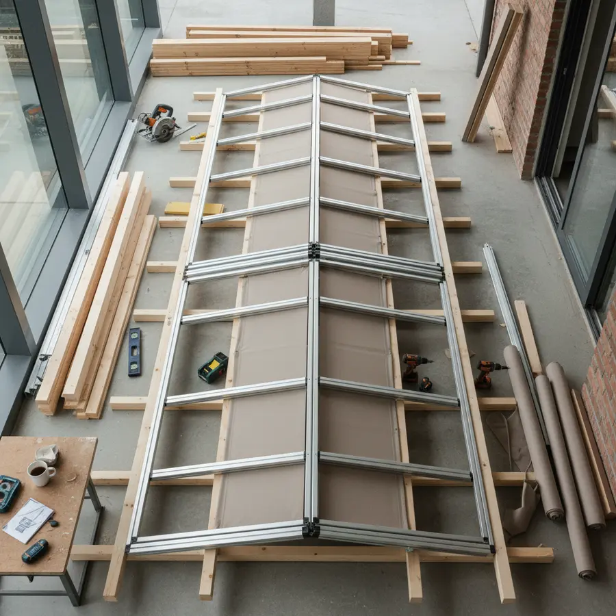 Faltdach Terrasse: Ratgeber zu Planung, Kosten & Vergleich - Photo Faltdach Terrasse im Bau mit Werkzeugen und Baumaterialien, Planungshilfe