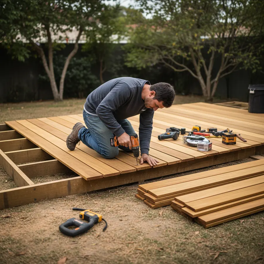 Garapa Terrasse: Alles zu Planung, Eigenschaften & Pflege - Photo Garapa Terrasse bauen mit Holz, Werkzeugen und Planken im Tageslicht