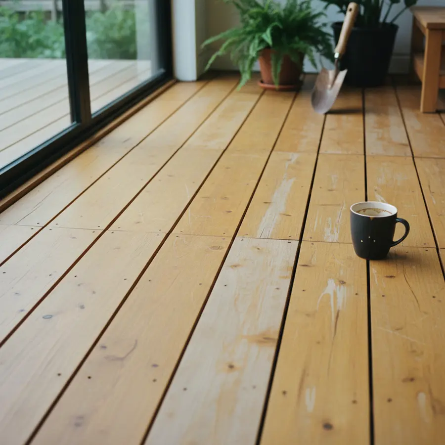Garapa Terrasse: Alles zu Planung, Eigenschaften & Pflege - Photo Gebrauchte Garapa Terrasse mit Verschleißspuren, zeigt Pflegebedarf