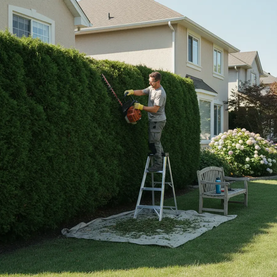 Gartenpflege Preise 2026 : Was kostet ein Gärtner? (Liste) - Photo Gartenpflege Preise 2026: Gartenarbeiter bei Heckenpflege in sonnigem Wohngebiet