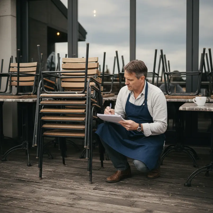 Gastro-Terrassenstühle gebraucht kaufen: Der ultimative Ratgeber - Photo Gastronom prüft gebrauchte Gastro-Terrassenstühle auf Holzterrasse