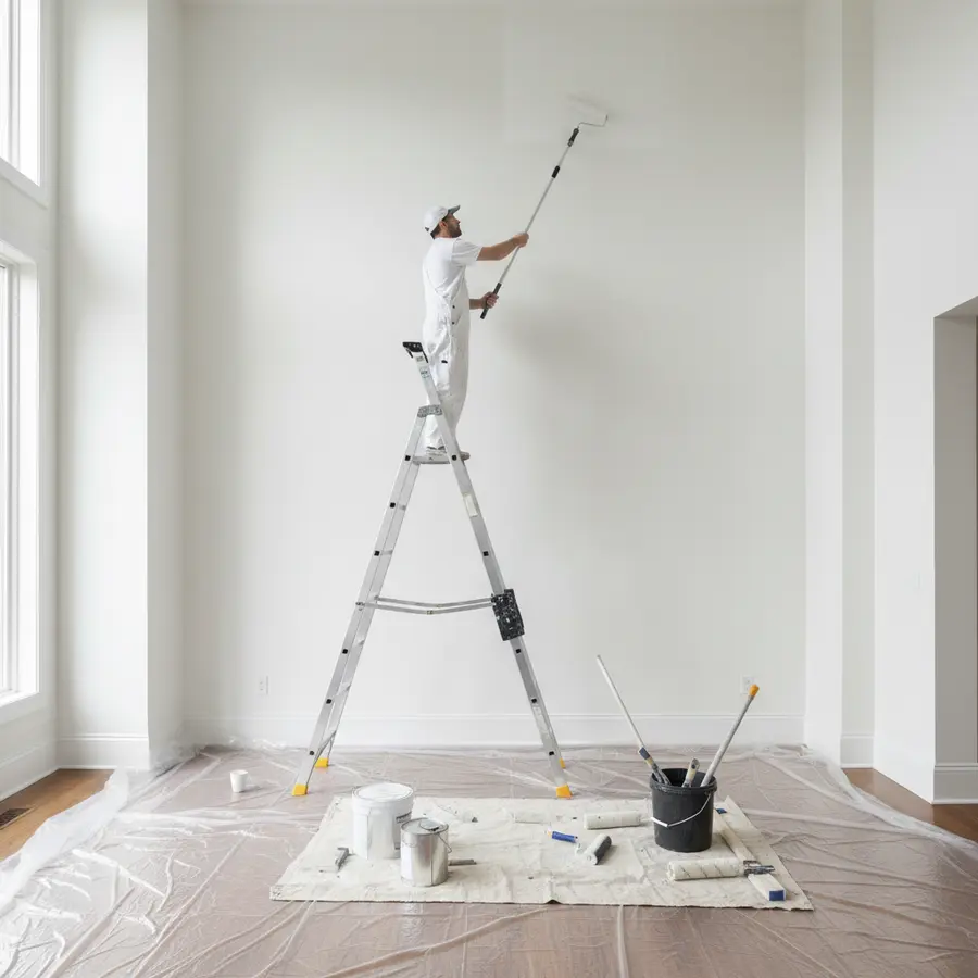 Hohe Wände streichen ohne Gerüst: Profi-Tipps & Anleitung - Photo Hohe Wände streichen ohne Gerüst im hellen Wohnraum mit Leiter und Werkzeug