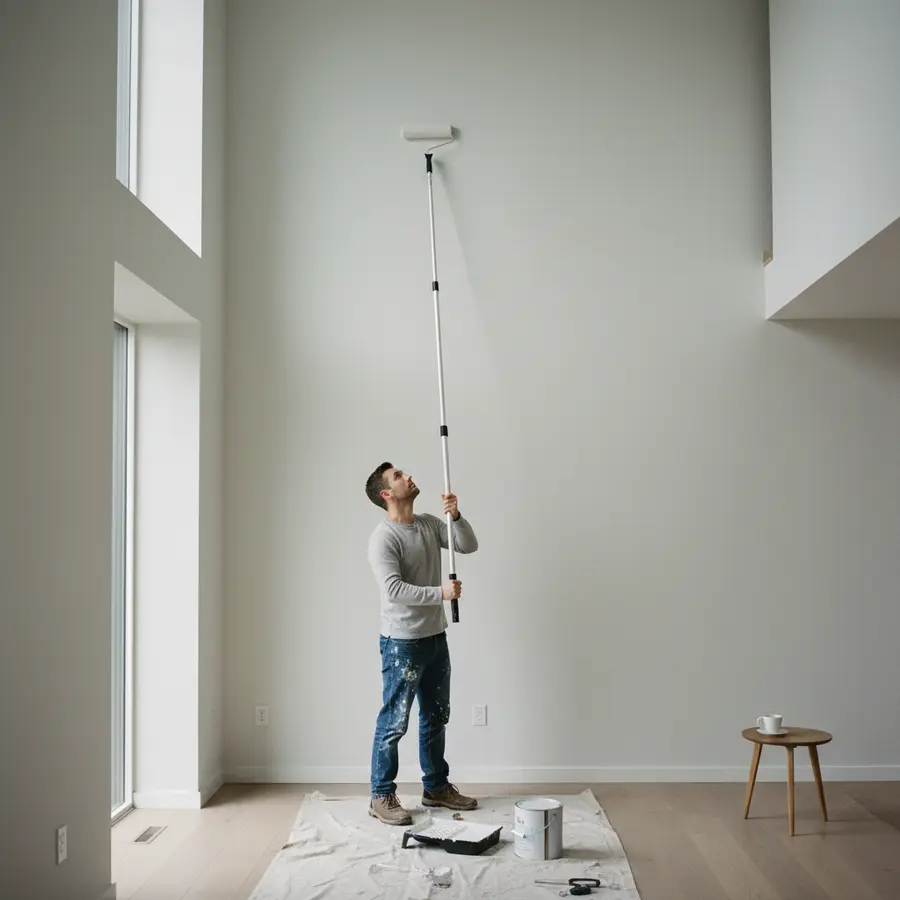 Hohe Wände streichen ohne Gerüst: Profi-Tipps & Anleitung - Photo Hohe Wände streichen ohne Gerüst: Person streicht Wand mit Teleskopstange
