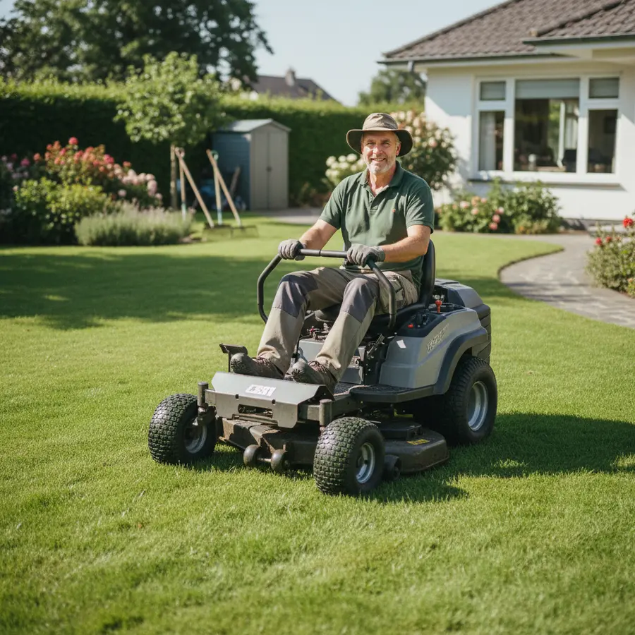 Jahresvertrag Gartenpflege: Leistungen & Kosten im Überblick - Photo Freundlicher Gärtner bei Rasenpflege im Jahresvertrag Gartenpflege an sonnigem Tag