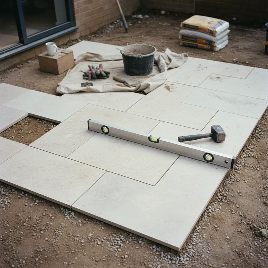 Kalksteinplatten Terrasse: Auswahl, Verlegung & richtige Pflege - Photo Kalksteinplatten Terrasse mit Werkzeug und Wasserwaage im Tageslicht