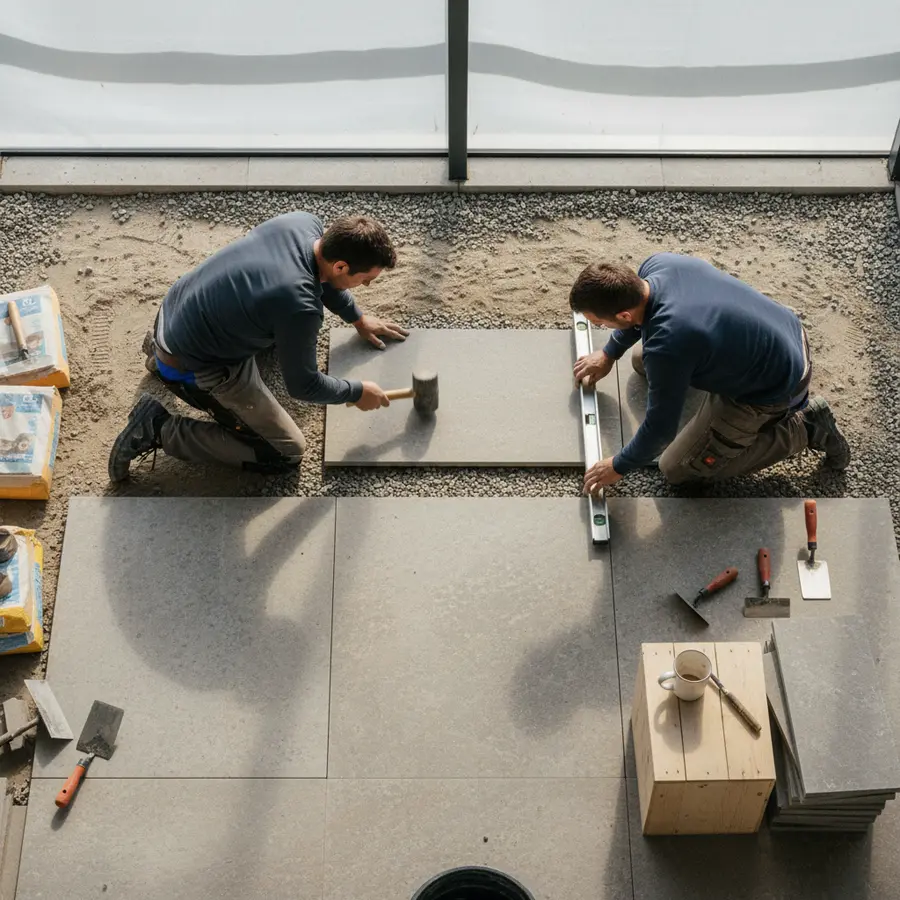 Kalksteinplatten Terrasse: Auswahl, Verlegung & richtige Pflege - Photo Kalksteinplatten Terrasse: Fachgerechte Verlegung durch Handwerker von oben.