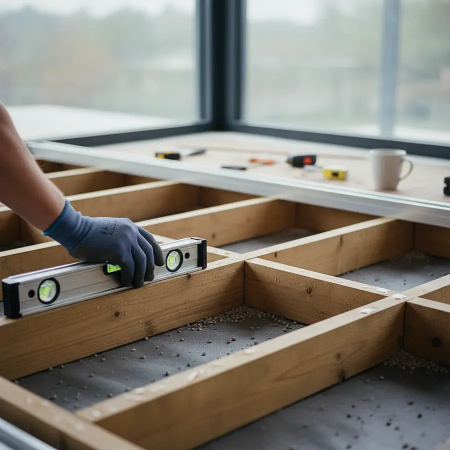 Kiesfangleiste Terrasse: Planung, Montage & Entwässerungs-Tipps - Photo Kiesfangleiste Terrasse: Hand prüft mit Wasserwaage auf Terrassenunterbau