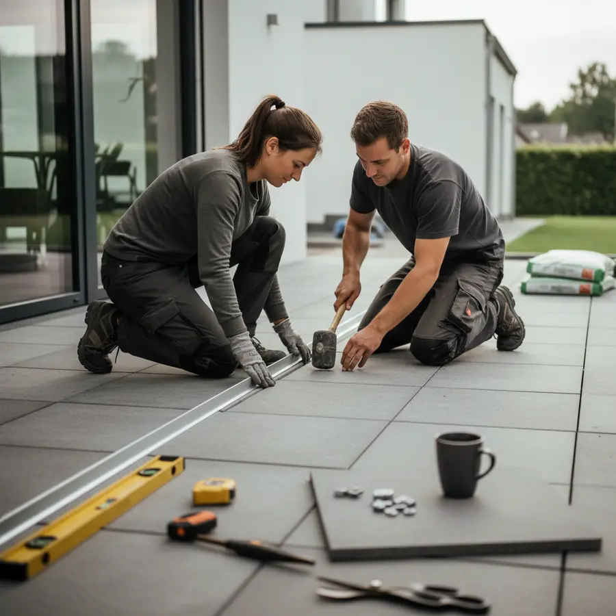 Kiesfangleiste Terrasse: Planung, Montage & Entwässerungs-Tipps - Photo Kiesfangleiste Terrasse verlegen, zwei Personen, Werkzeug im Vordergrund