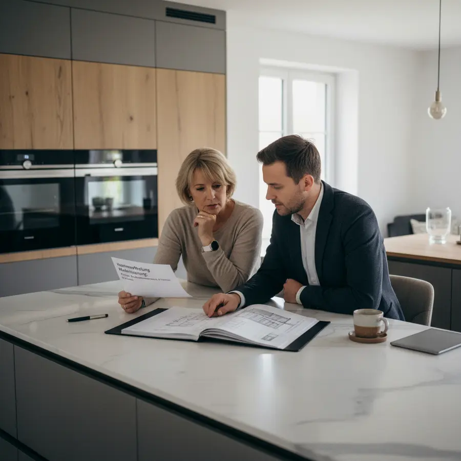 Kostenaufstellung Modernisierung: Ratgeber, Bank-Anforderungen & Vorlage - Photo Kostenaufstellung Modernisierung: Eigenheimbesitzer besprechen Pläne in moderner Küche