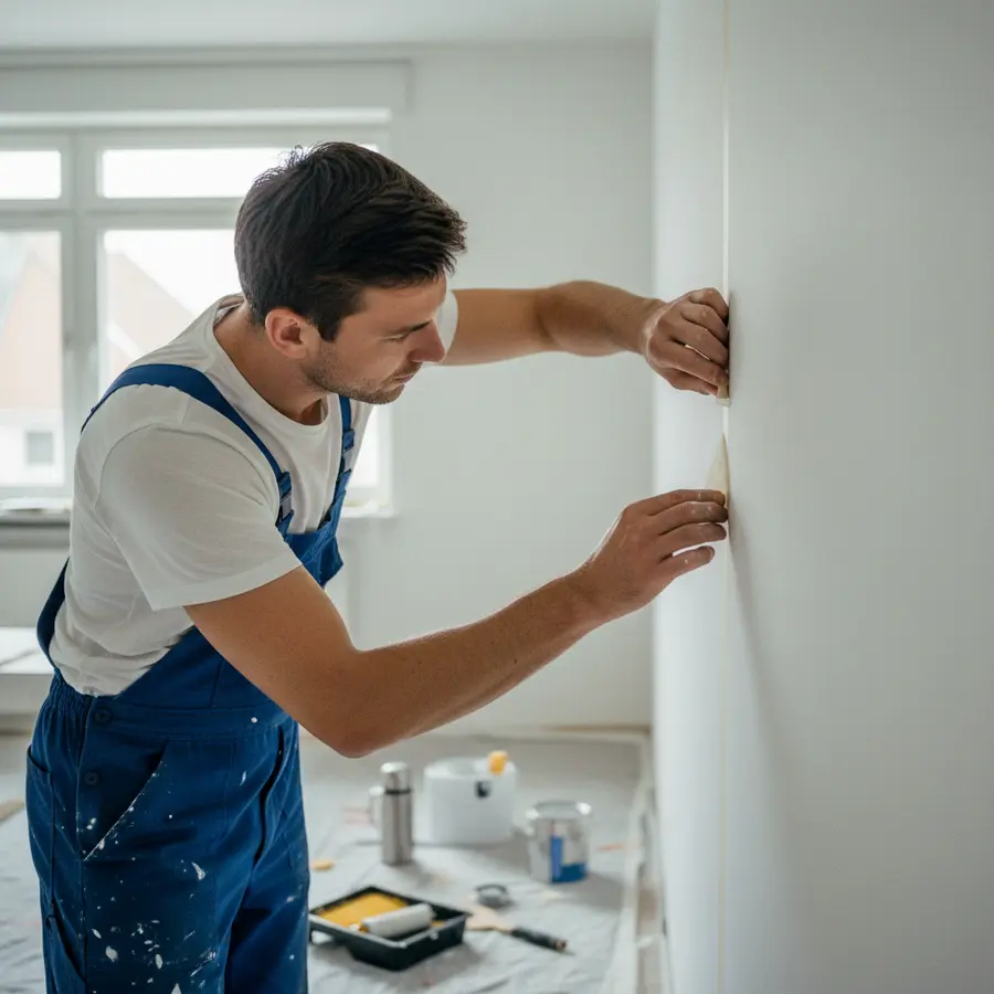 Lackieren ohne Kante: So kleben Sie Übergänge unsichtbar ab - Photo Lackieren ohne Kante: Maler bringt Malerkrepp an weiße Wand an