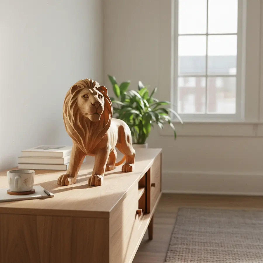 Löwe aus Holz: Bedeutung, Symbolik & Tipps zur Auswahl - Photo Holzlöwe aus Holz auf Sideboard im sonnigen Wohnzimmer