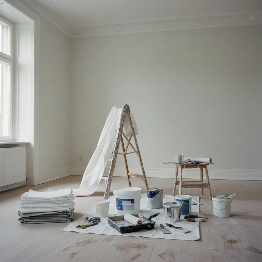 Malerpreise 2026: Was kostet ein Anstrich? (Kosten pro m² & Std) - Photo Malerpreise 2026: Frisch gestrichene Altbauwohnung mit Werkzeugen und Material
