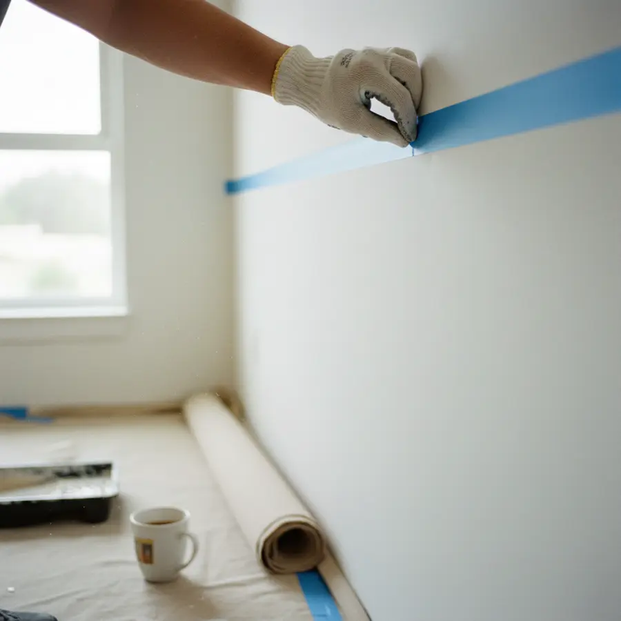 Hand bei Meine Wand streichen Ideen ohne dass es nach Baustelle aussieht, Malerkrepp klebend