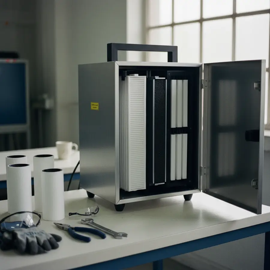 Mobile Absauganlage zum Lackieren: Ratgeber & Auswahlhilfe - Photo Mobile Absauganlage zum Lackieren mit geöffnetem Filtersystem und Zubehör