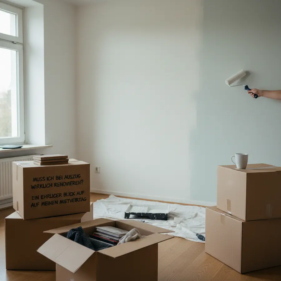Muss ich bei Auszug wirklich renovieren? Ein ehrlicher Blick auf meinen Mietvertrag - Photo Muss ich bei Auszug wirklich renovieren? Wohnzimmer mit Farbroller und Umzugskartons