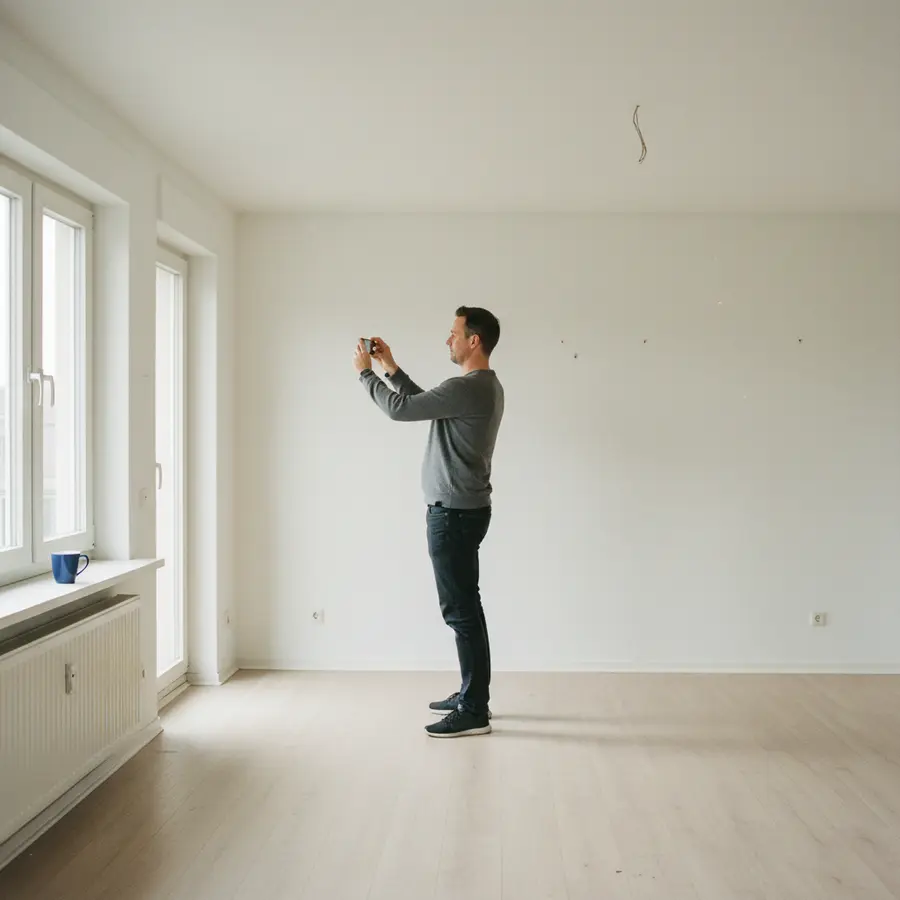 Muss ich bei Auszug wirklich renovieren? Ein ehrlicher Blick auf meinen Mietvertrag - Photo Mieter macht Fotos von leerer Wohnung für Auszug und Renovierung prüfen