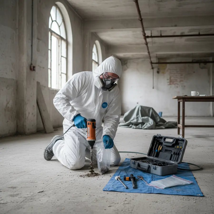PAK Sanierung planen : Worauf es bei der Firmenwahl wirklich ankommt - Photo PAK Sanierung planen: Handwerker nehmen Bodenproben in Altbau für Firmenwahl