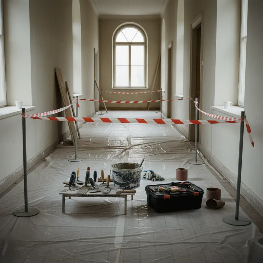 PAK Sanierung planen : Worauf es bei der Firmenwahl wirklich ankommt - Photo PAK Sanierung planen: Altbau-Flur mit Werkzeug und Bodenfolie vor Renovierung
