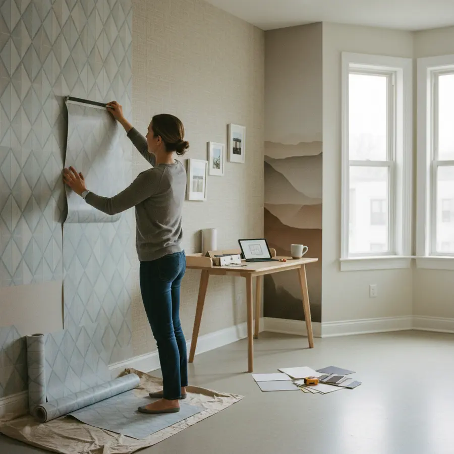 Selbstklebende Tapete: Der ultimative Ratgeber für die Auswahl - Photo Selbstklebende Tapete im Wohnraum mit verschiedenen Wanddesigns, hell und aufgeräumt