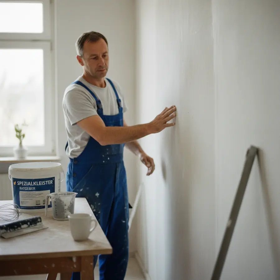 Spezialkleister Ratgeber: Anwendung, Vorteile & Mischverhältnis - Photo Spezialkleister Ratgeber: Wand saugfähig prüfen, Maler mit Werkzeug im Hintergrund