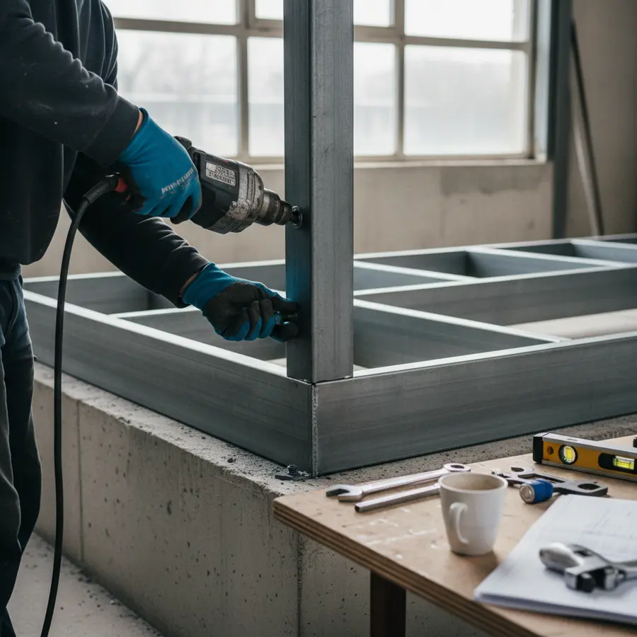 Stahlbau Terrasse: Ratgeber zu Planung, Kosten & Genehmigung - Photo Stahlbau Terrasse: Montage einer Stahlkonstruktion mit Werkzeug und Handschuhen