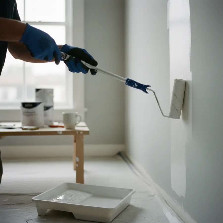 Streicharbeiten: Der ultimative Guide zu Kosten & Techniken - Photo Streicharbeiten: Maler grundiert Wand mit hochwertiger Rolle für perfekten Anstrich
