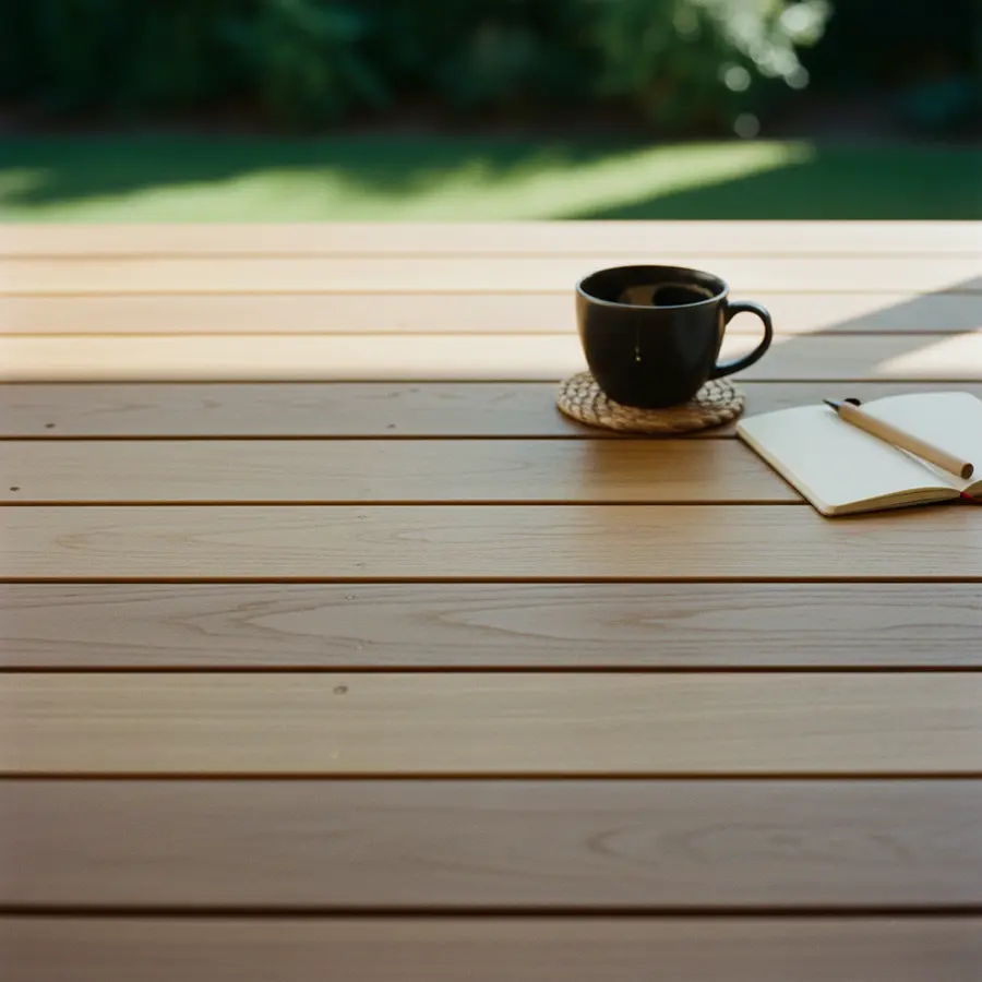 Teakholz-Terrasse: Der ultimative Guide zu Pflege & Haltbarkeit - Photo Teakholz-Terrasse Pflege: Detailaufnahme mit Sonnenlicht und Holzmaserung