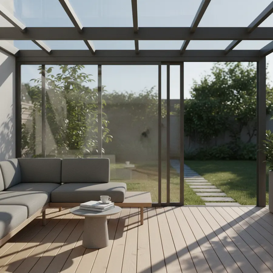 Terrassen-Glasschiebedach: Vorteile, Planung & Tipps im Ratgeber - Photo Moderne Terrasse mit Terrassen-Glasschiebedach im Morgenlicht, ohne Menschen sichtbar