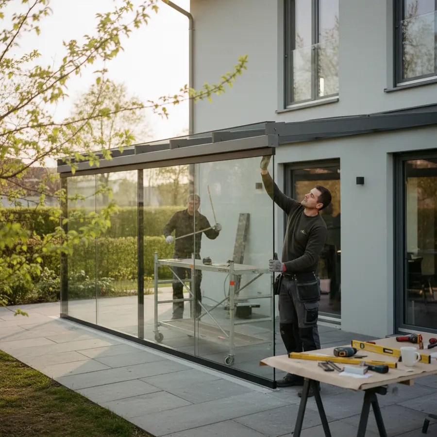 Terrassen-Glasschiebedach: Vorteile, Planung & Tipps im Ratgeber - Photo Terrassen-Glasschiebedach: Handwerker montieren modernes Glasdach bei Frühlingslicht