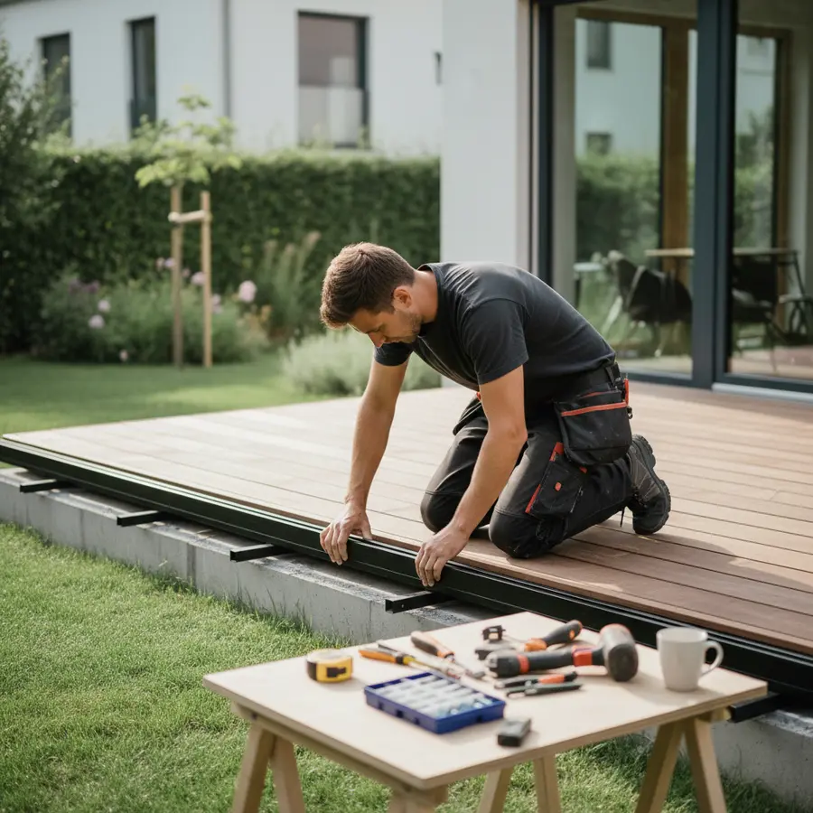Terrassen-Schienensysteme: Vorteile, Planung & Montage-Guide - Photo Terrassen-Schienensysteme: Fachgerechte Montage in privatem Garten mit Werkzeugen