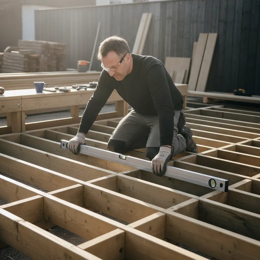 Terrassen-Schienensysteme: Vorteile, Planung & Montage-Guide - Photo Terrassen-Schienensysteme: Überprüfung des Gefälles bei der Montage auf sonnigem Tag