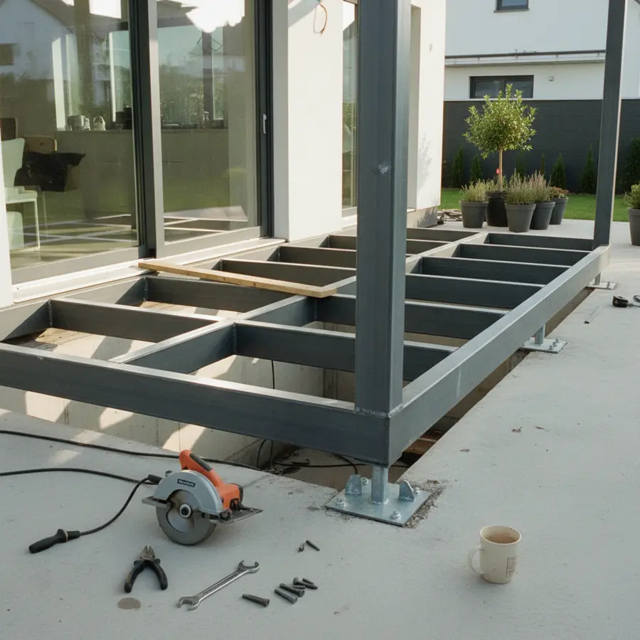 Terrassen-Stahlkonstruktion: Vorteile, Planung & Kosten-Check - Photo Terrassen-Stahlkonstruktion im Bau bei Tageslicht mit Werkzeugen sichtbar