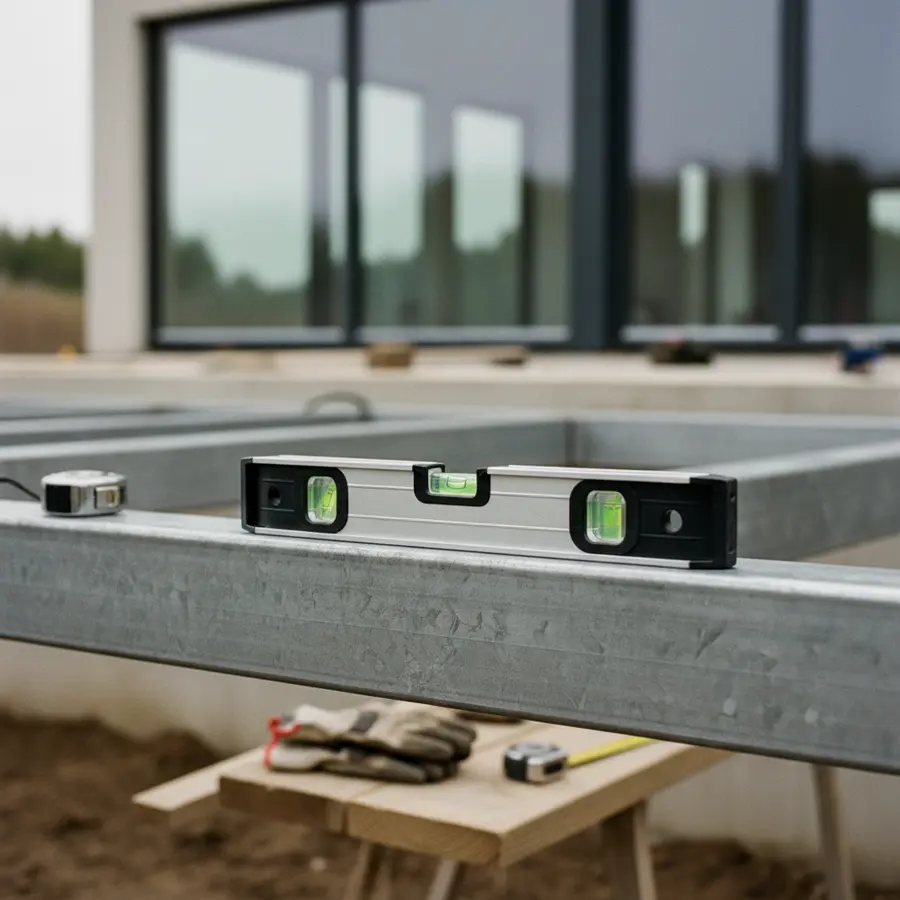 Terrassen-Stahlkonstruktion: Vorteile, Planung & Kosten-Check - Photo Verzinkter Stahlträger bei Terrassen-Stahlkonstruktion mit Wasserwaage kontrolliert