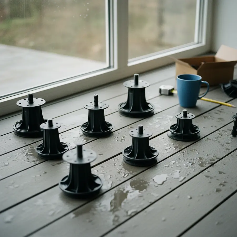 Terrassen-Verstellfuß & Stelzlager günstig online kaufen - Photo Verstellfuß für Terrasse günstig kaufen, Nahaufnahme von Stelzlagern auf feuchter Oberfläche