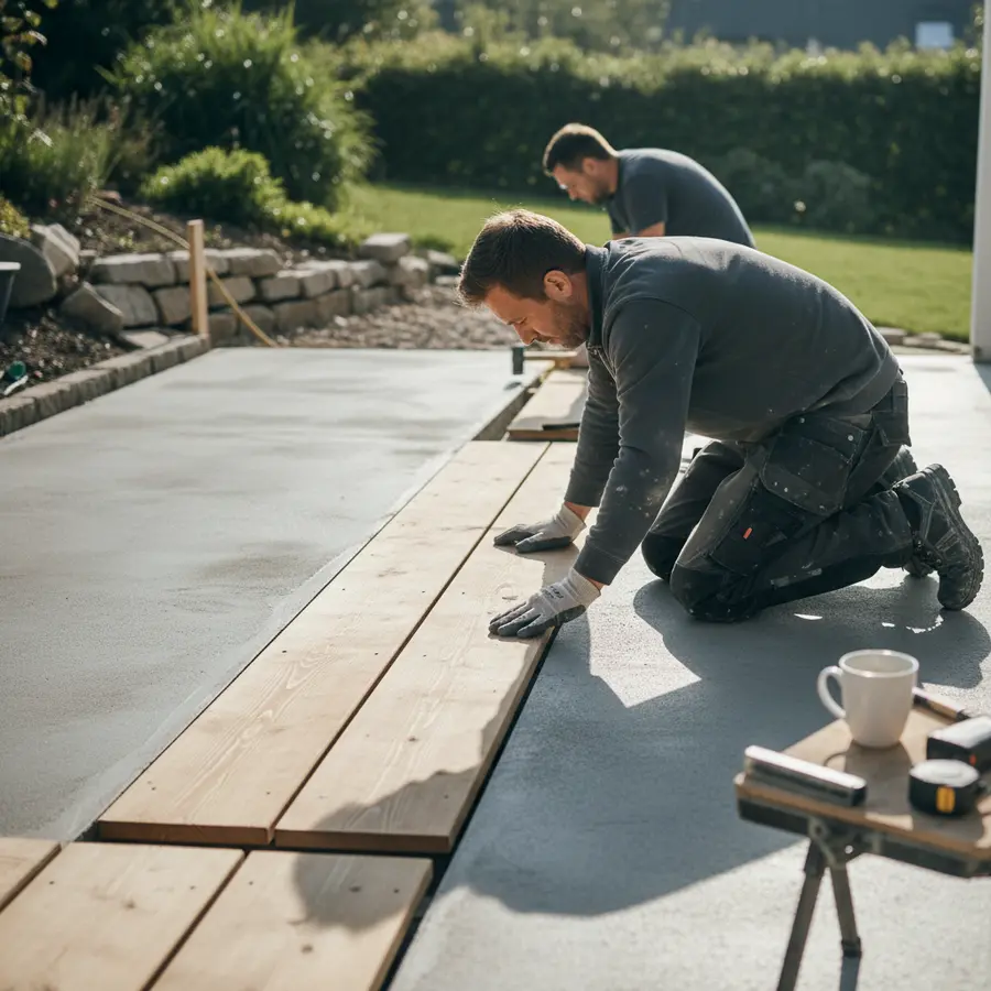 Terrassenanbau planen: Ratgeber zu Kosten & Baugenehmigung - Photo Terrassenanbau planen: Handwerker verlegen Holzpaneele auf frischer Betonplatte