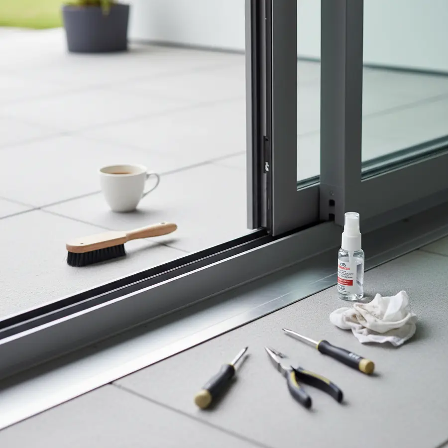 Terrassenschiebetür klemmt? Ursachen & DIY-Lösungen - Photo Terrassenschiebetür klemmt: Werkzeug bei gereinigter Schiene für DIY-Lösungen