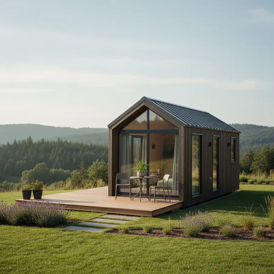 Tiny House mit Terrasse: Planung, Vorteile & Gestaltungstipps - Photo Tiny House mit Terrasse auf gepflegtem Grundstück bei Sonnenuntergang