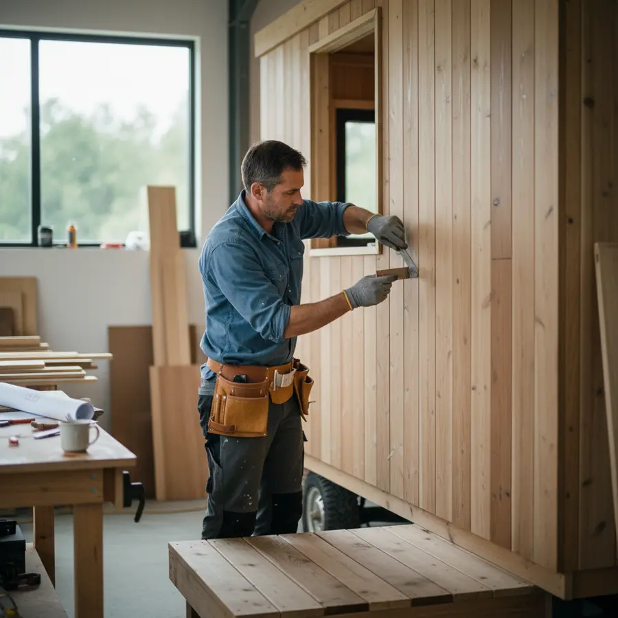 Tiny House mit Terrasse: Planung, Vorteile & Gestaltungstipps - Photo Tiny House mit Terrasse: Handwerker prüft Holzfassade bei Tageslicht